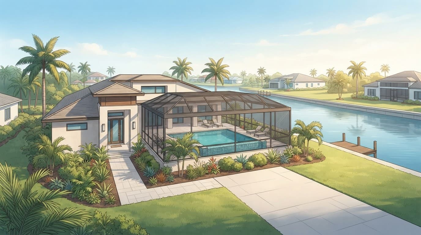 Cape Coral rental property with a screened pool and canal view.