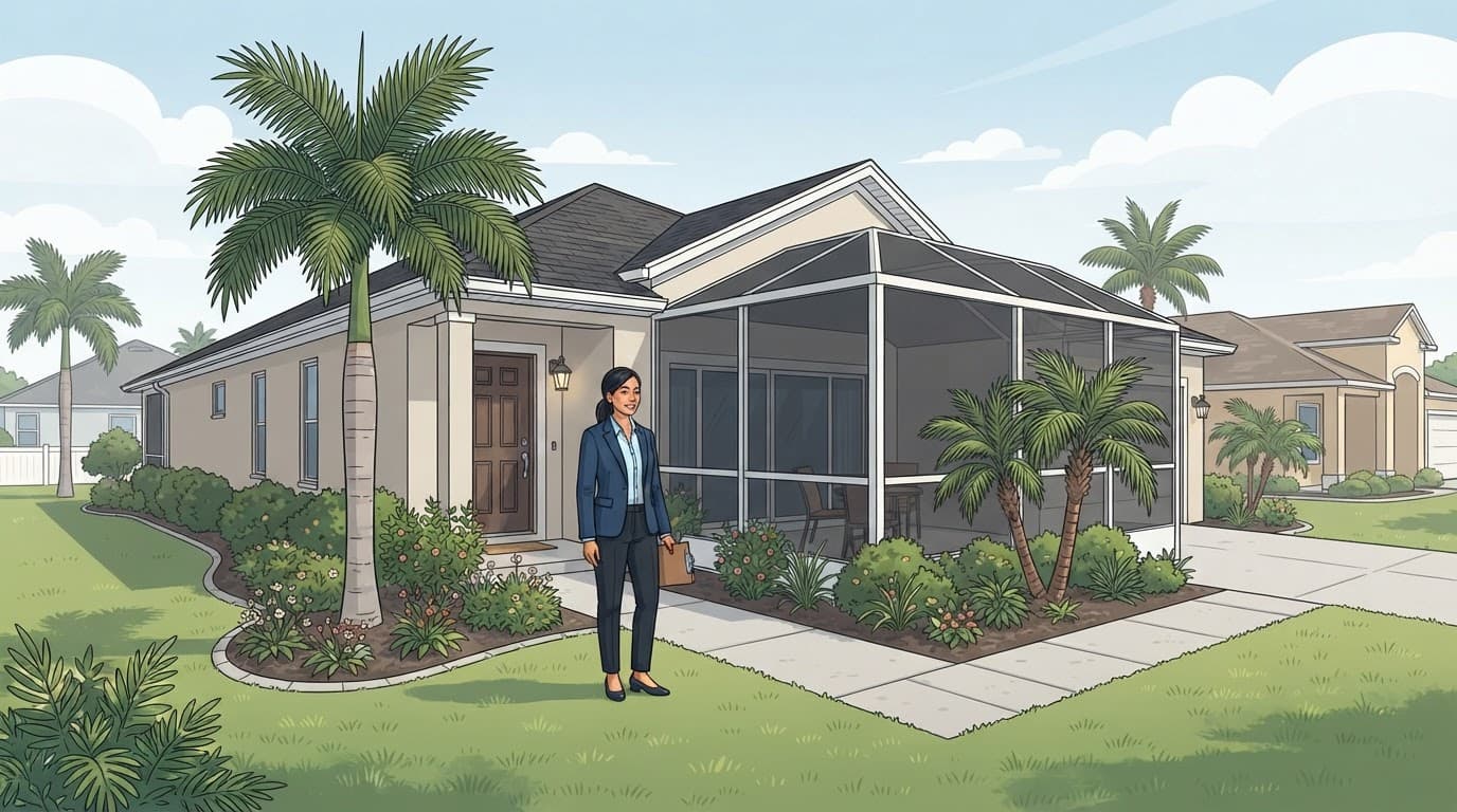Cape Coral rental property inspection beside a screened lanai.