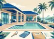 Cape Coral rental home with a pool, palms, canal, key, calculator, and lease folder.
