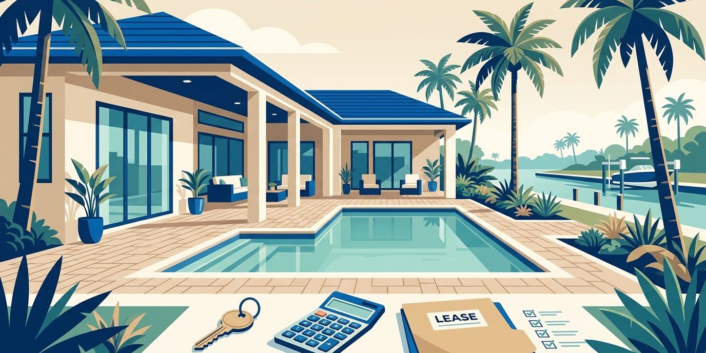 Cape Coral rental home with a pool, palms, canal, key, calculator, and lease folder.