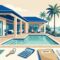 Cape Coral rental home with a pool, palms, canal, key, calculator, and lease folder.