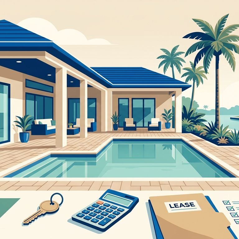 Cape Coral rental home with a pool, palms, canal, key, calculator, and lease folder.