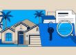 Florida home and palm trees beside a blue folder with a key and magnifying glass.