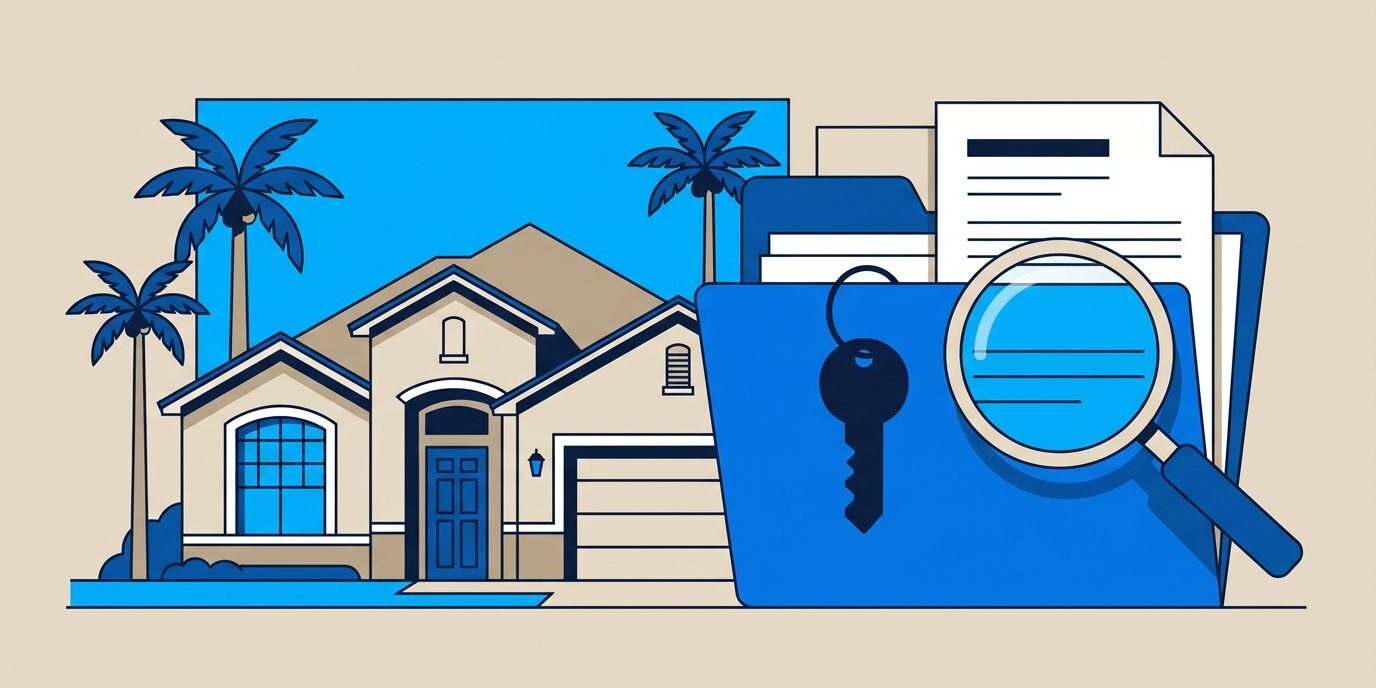 Florida home and palm trees beside a blue folder with a key and magnifying glass.