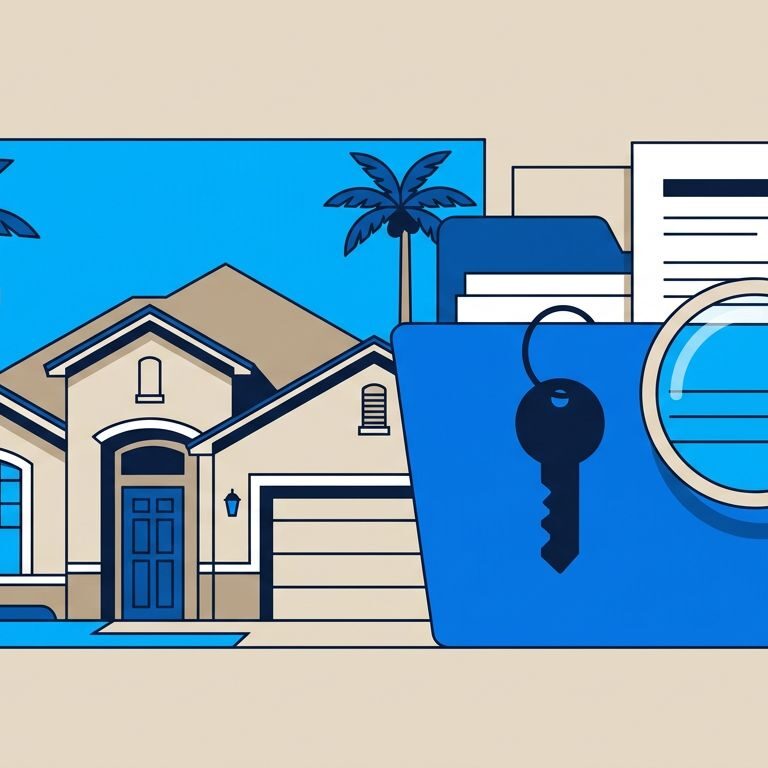 Florida HOA Rental Review Florida home and palm trees beside a blue folder with a key and magnifying glass.