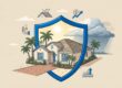 A Florida rental house shielded from rain and storm clouds by a blue protective emblem.