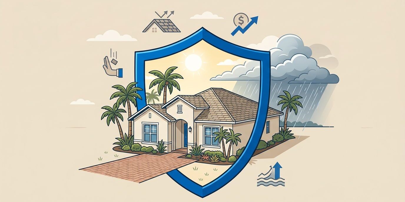 Florida Rental Protection A Florida rental house shielded from rain and storm clouds by a blue protective emblem.