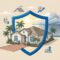 A Florida rental house shielded from rain and storm clouds by a blue protective emblem.