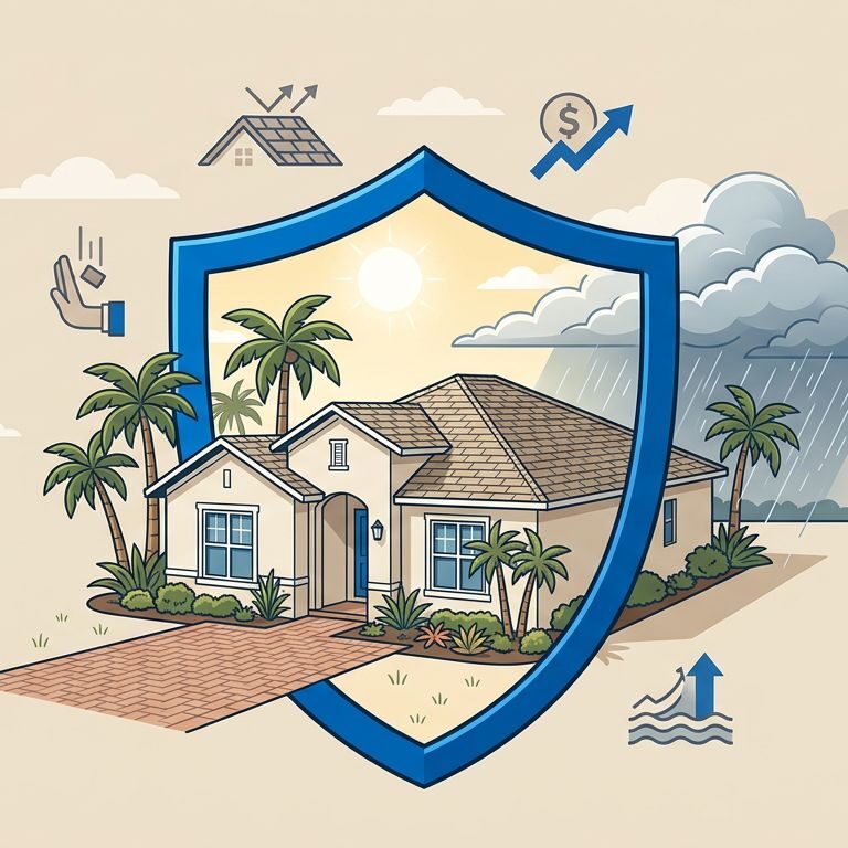 A Florida rental house shielded from rain and storm clouds by a blue protective emblem.