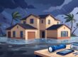A Florida rental home faces a hurricane with emergency supplies in the foreground.