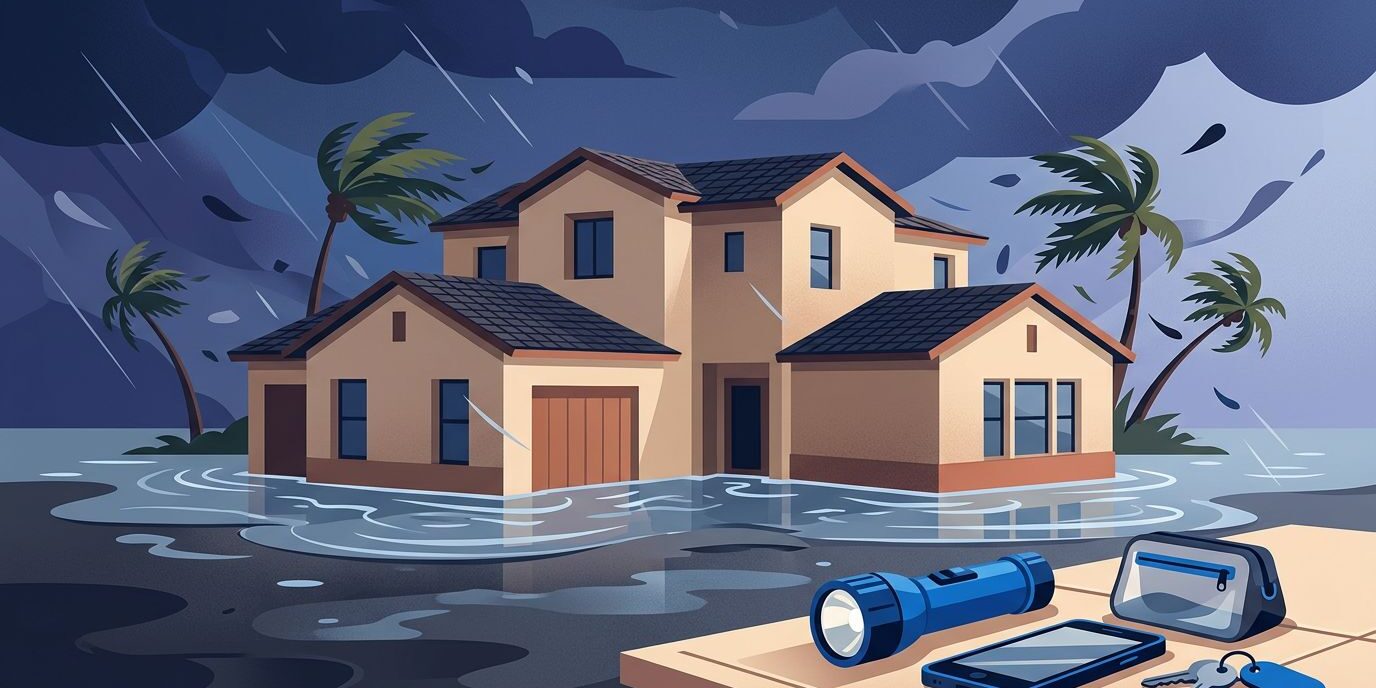 Florida Rental Hurricane Prep A Florida rental home faces a hurricane with emergency supplies in the foreground.