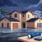 A Florida rental home faces a hurricane with emergency supplies in the foreground.