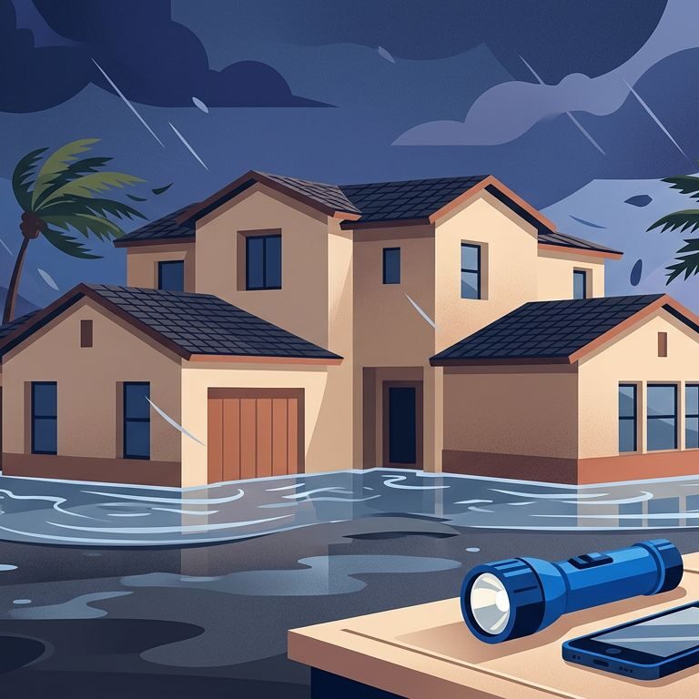 A Florida rental home faces a hurricane with emergency supplies in the foreground.