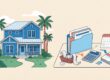 Blue rental house, palm trees, and tax-planning supplies on a desk.
