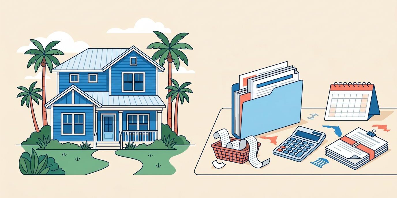 Florida Rental Tax Calendar Blue rental house, palm trees, and tax-planning supplies on a desk.