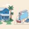 Blue rental house, palm trees, and tax-planning supplies on a desk.