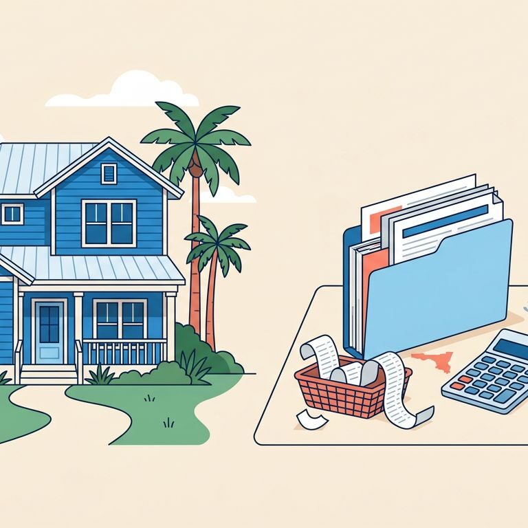Blue rental house, palm trees, and tax-planning supplies on a desk.
