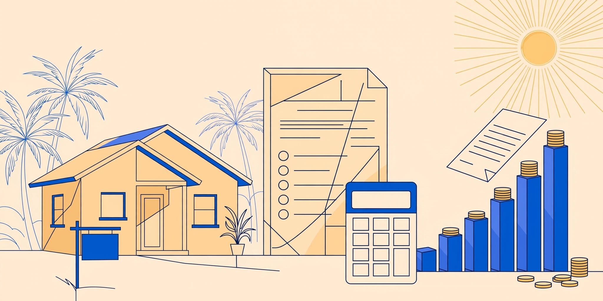 Florida rental house beside an assessment document, calculator, coins, and rising tax bars.
