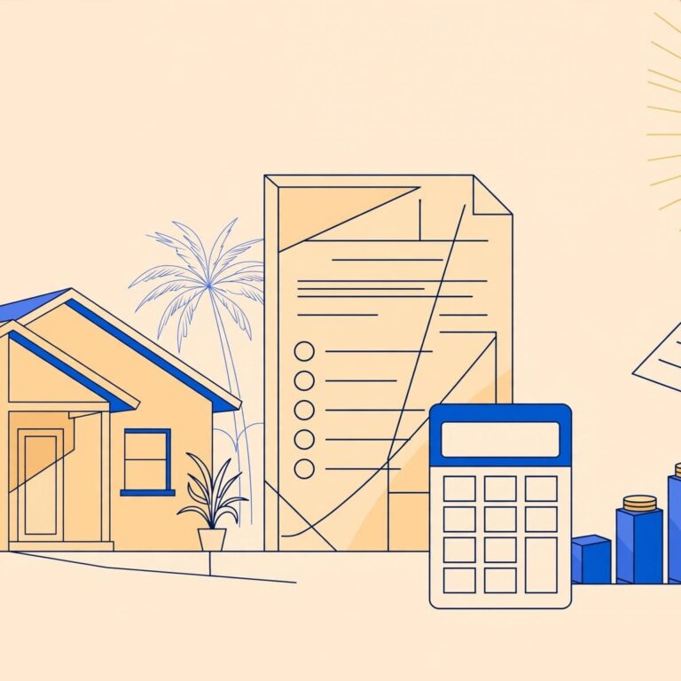 Florida rental house beside an assessment document, calculator, coins, and rising tax bars.