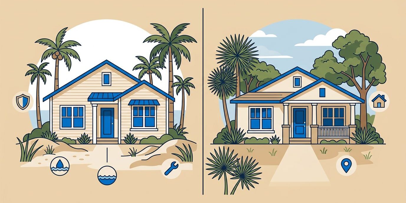 Two Florida rental homes compared with insurance, flood, maintenance, and location symbols.