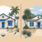 Two Florida rental homes compared with insurance, flood, maintenance, and location symbols.