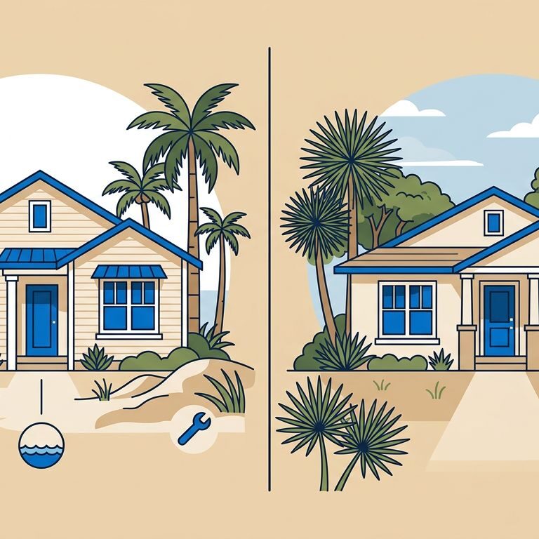 Two Florida rental homes compared with insurance, flood, maintenance, and location symbols.