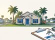 A Florida rental home with palms, keys, calculator, and comparison cards.