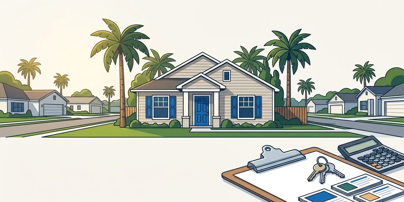 A Florida rental home with palms, keys, calculator, and comparison cards.