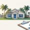 A Florida rental home with palms, keys, calculator, and comparison cards.