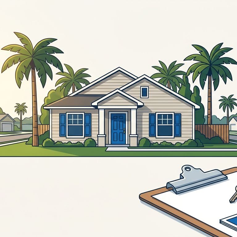 A Florida rental home with palms, keys, calculator, and comparison cards.