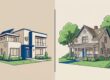 Split view of a modern rental home and an older house with trees and a large yard.