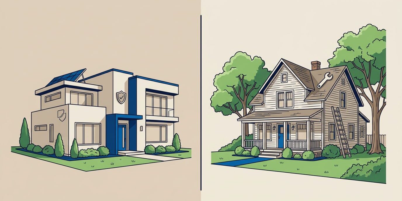Split view of a modern rental home and an older house with trees and a large yard.