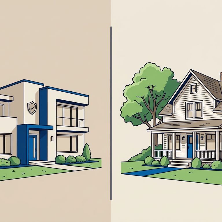 Split view of a modern rental home and an older house with trees and a large yard.