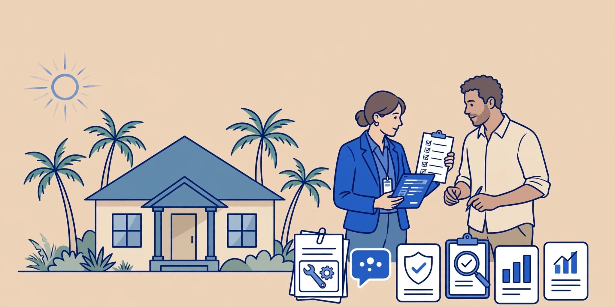 A Florida rental home beside a manager reviewing a tablet with a homeowner.