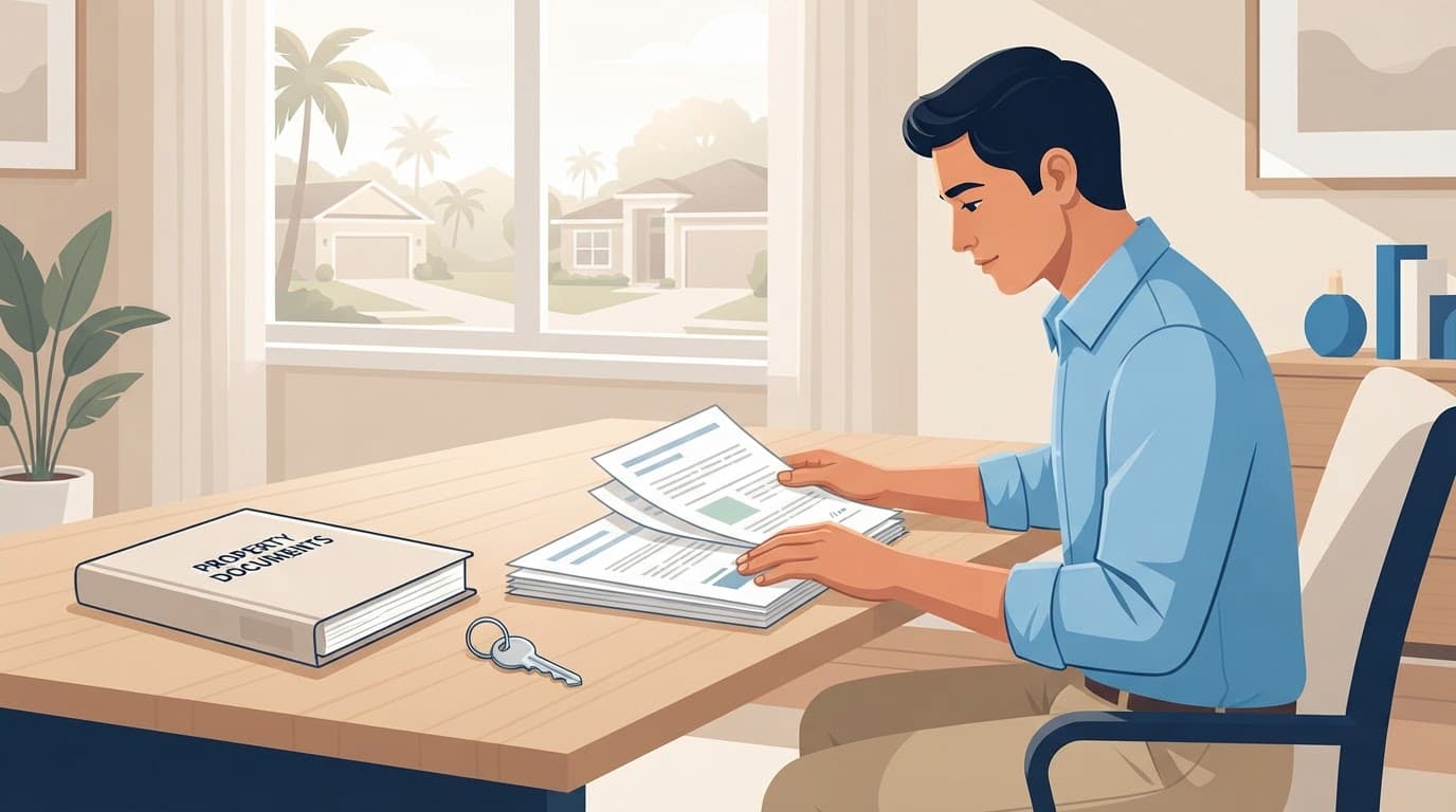Florida HOA rental restrictions documents review beside a house key.