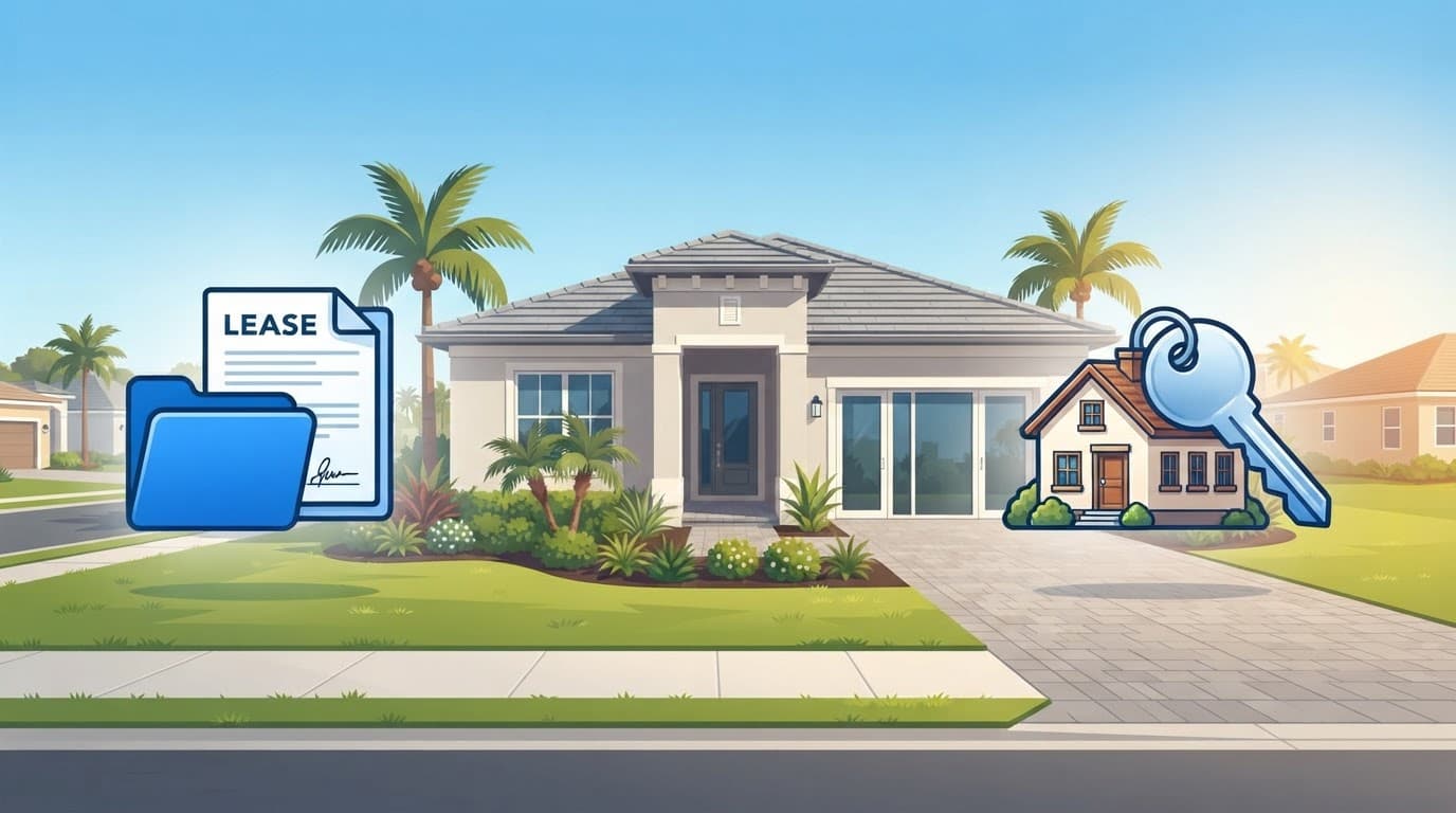 A new Florida home sits between a blue lease document and a house-sale key symbol, illustrating a decision about holding or selling property.