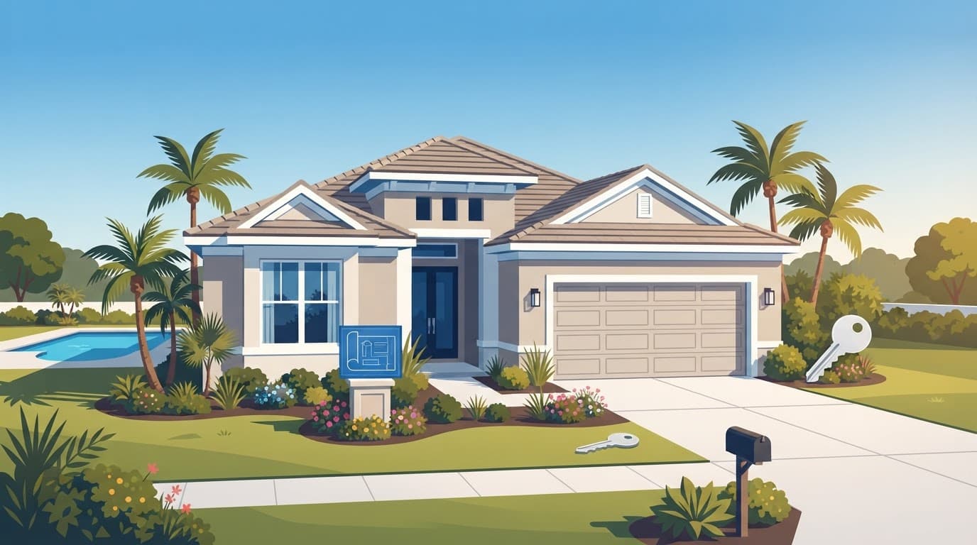 New Florida home with tropical landscaping, a clean driveway, blueprint, and house key.