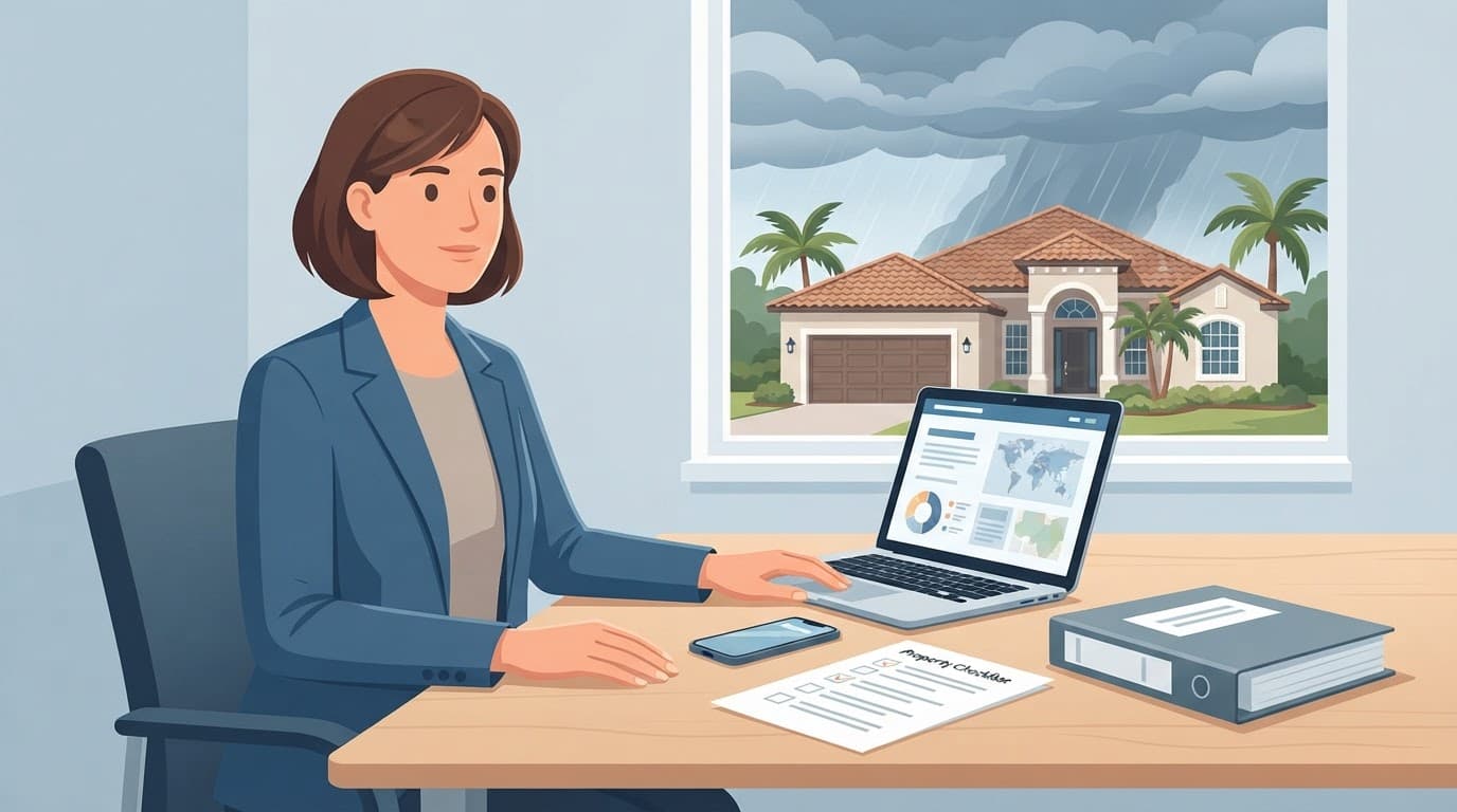 Property manager coordinating a Florida hurricane response at a desk with an emergency binder and rental home outside.
