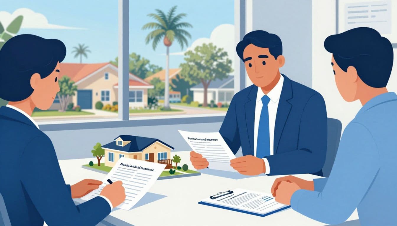 Florida landlord insurance review with two people, documents, a home model, and a hurricane folder.