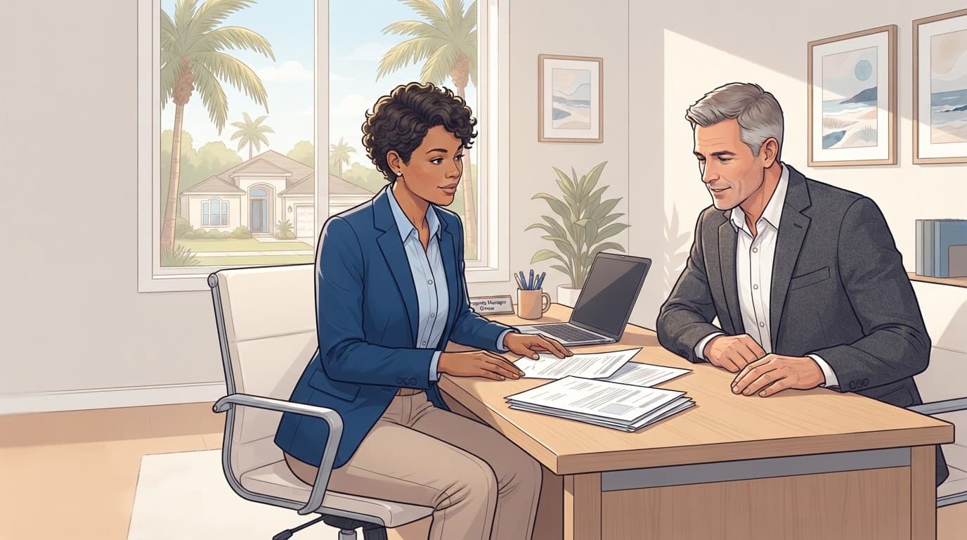 A property manager and homeowner discuss rental papers in a bright office overlooking a Florida home.