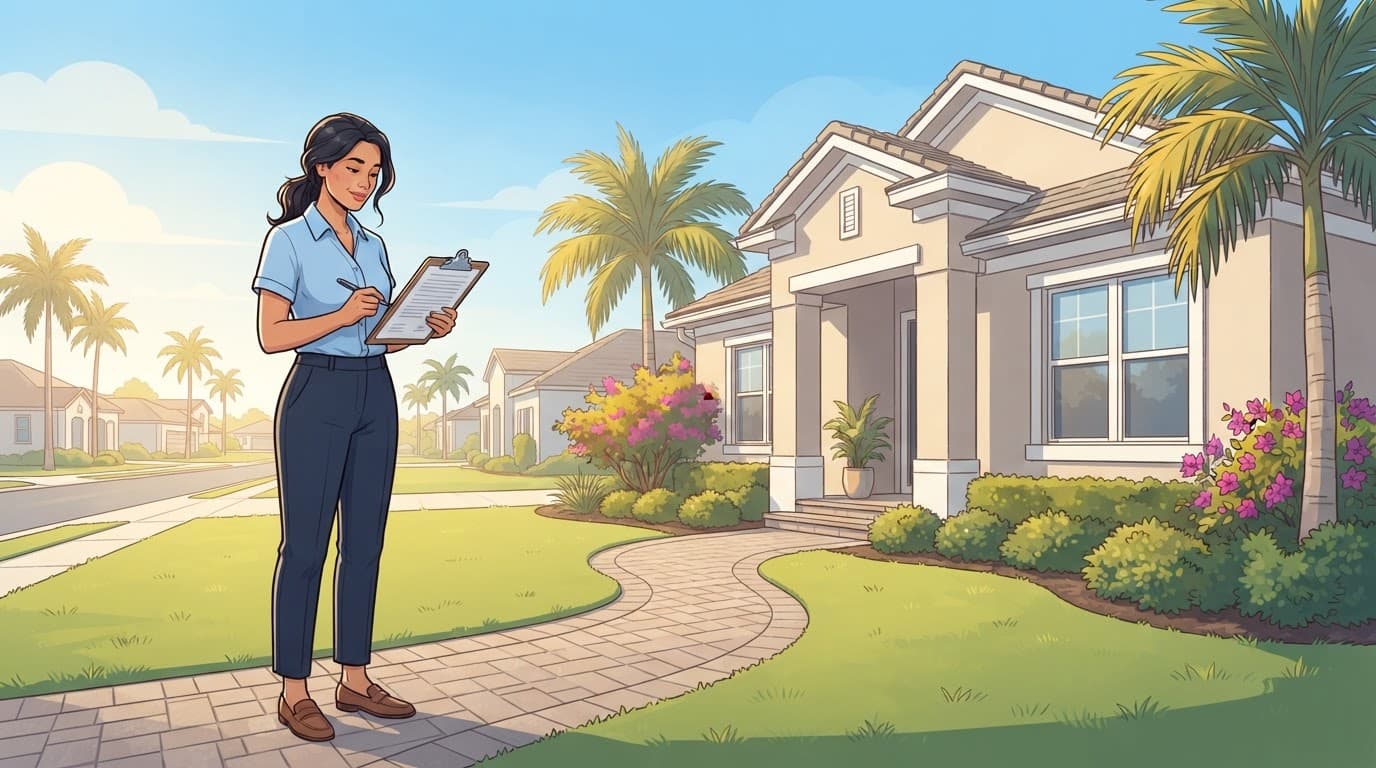 A property manager reviews a clipboard beside a sunny Florida rental home.