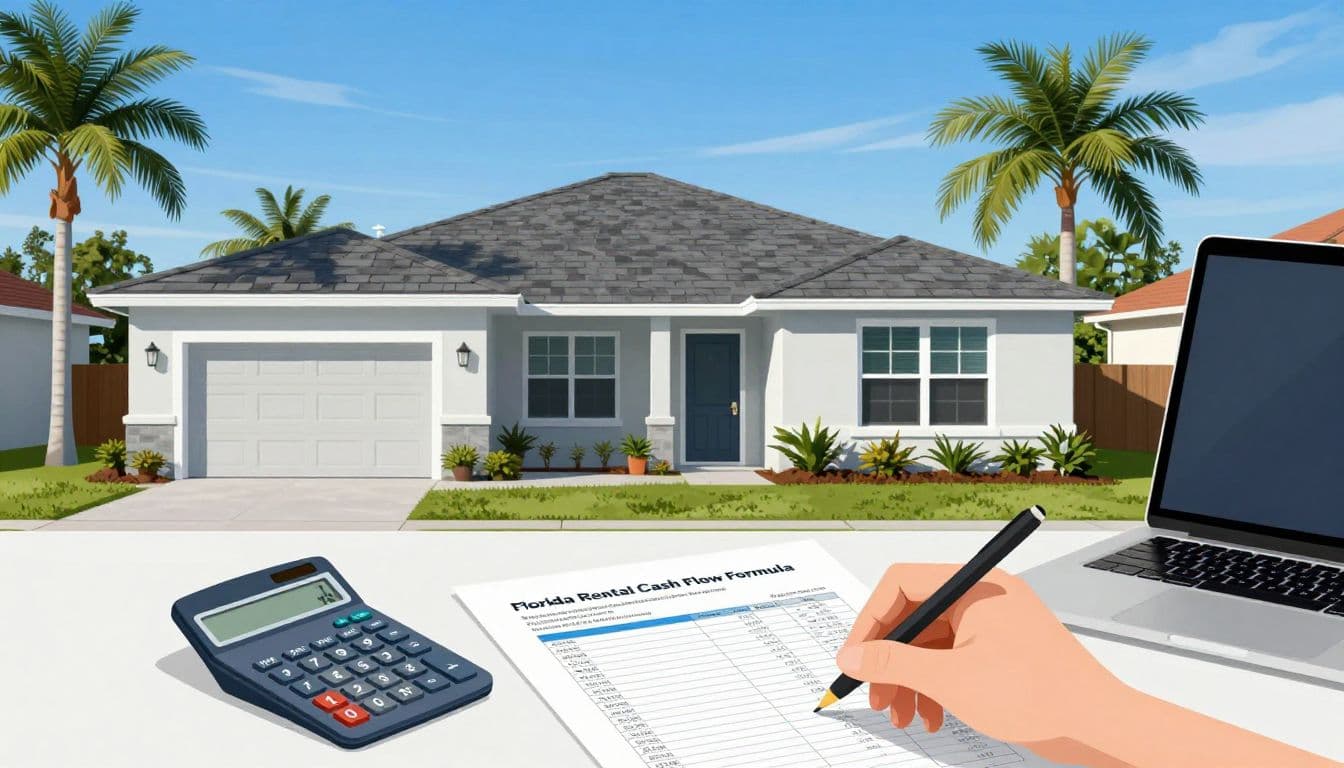 Rental cash flow analysis with a Florida rental home beside a desk with a calculator and spreadsheets.