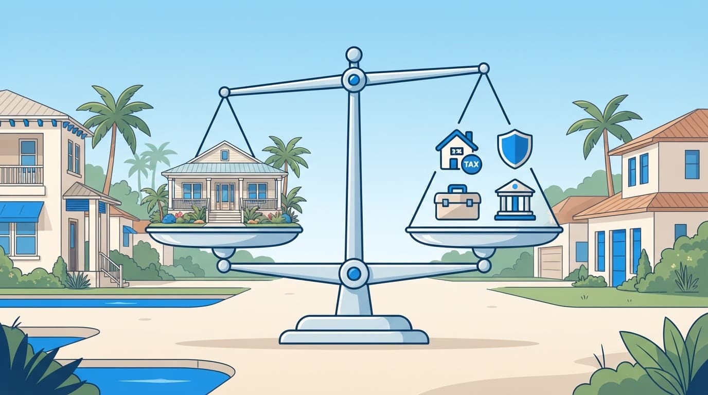 A Florida rental home balanced against icons for taxes, insurance, maintenance, and mortgage costs.