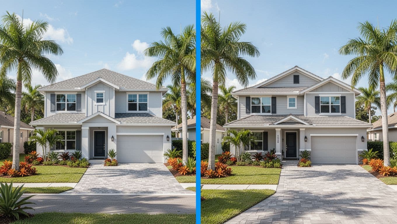 New vs older homes compared for Florida rental investment, shown as two side-by-side properties.