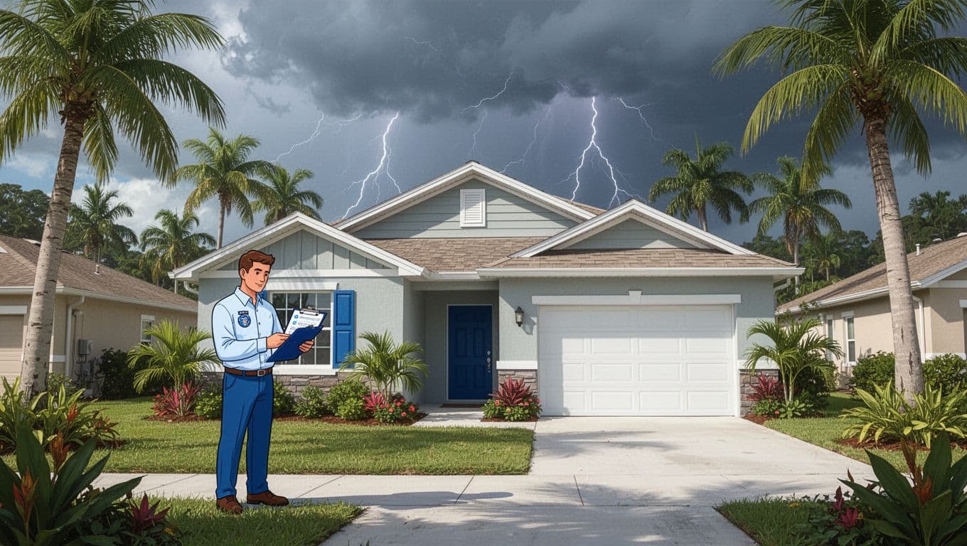A rental owner reviews a clipboard beside a Florida home with palm trees.