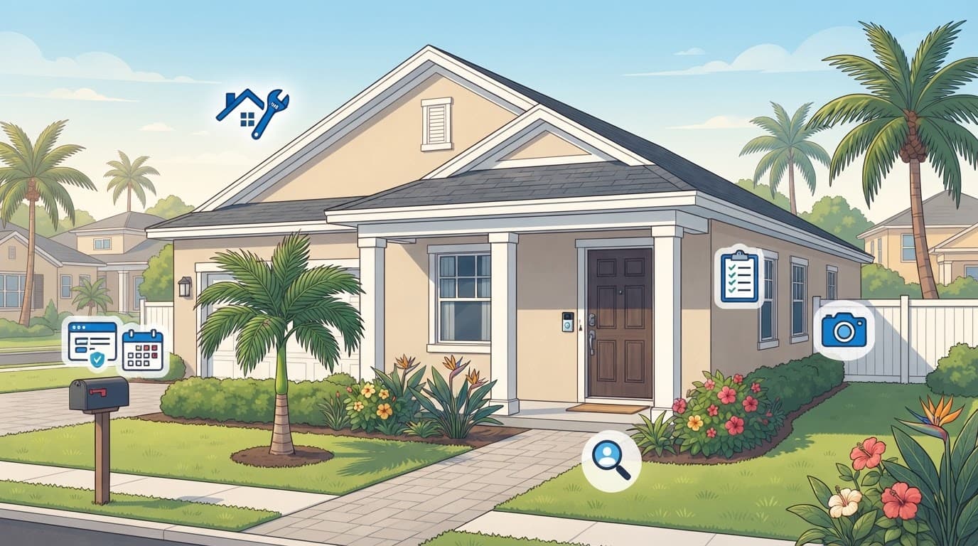 Florida rental home with a palm tree and property management service icons.