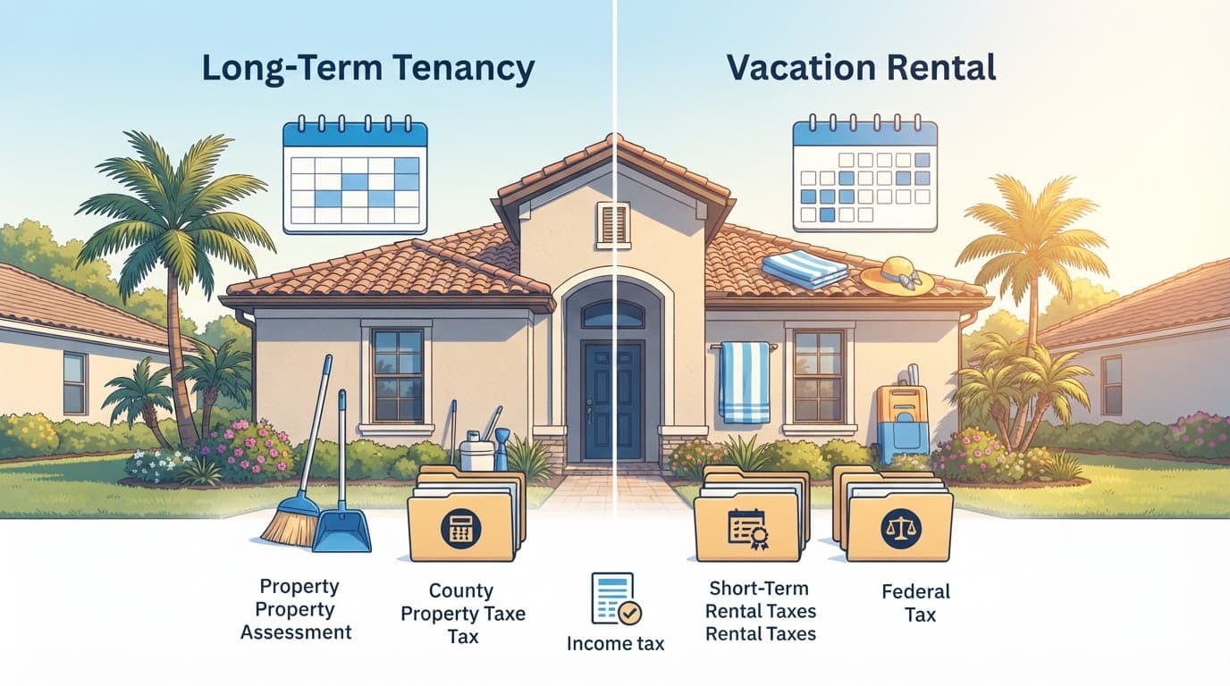 A Florida rental home with palms, a calendar, utility items, and tax folders.