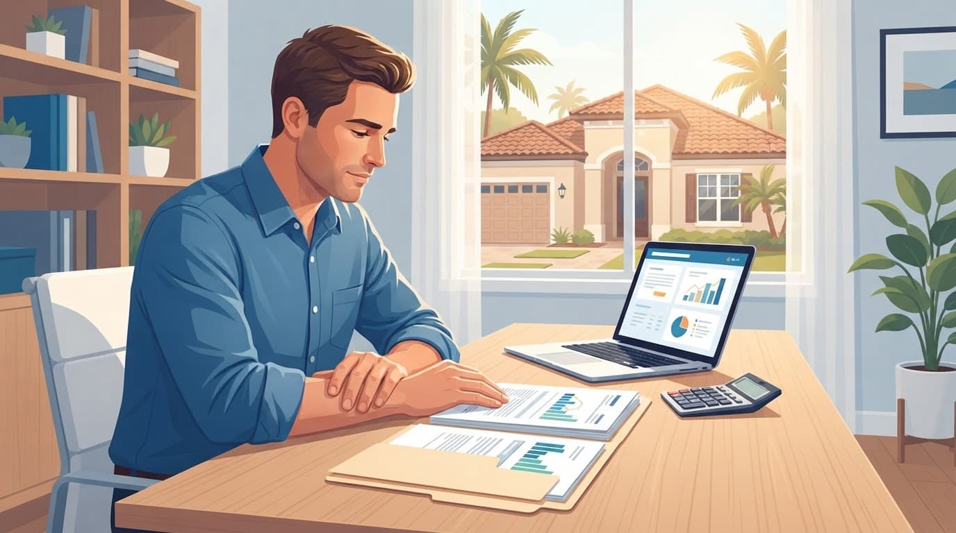 An owner reviews Florida rental property taxes and income records beside a laptop in a bright office.