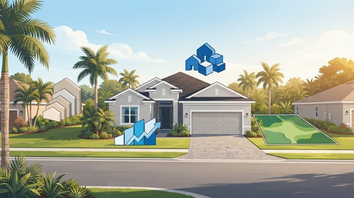 Newly built rental home with a driveway and palm trees in Lehigh Acres