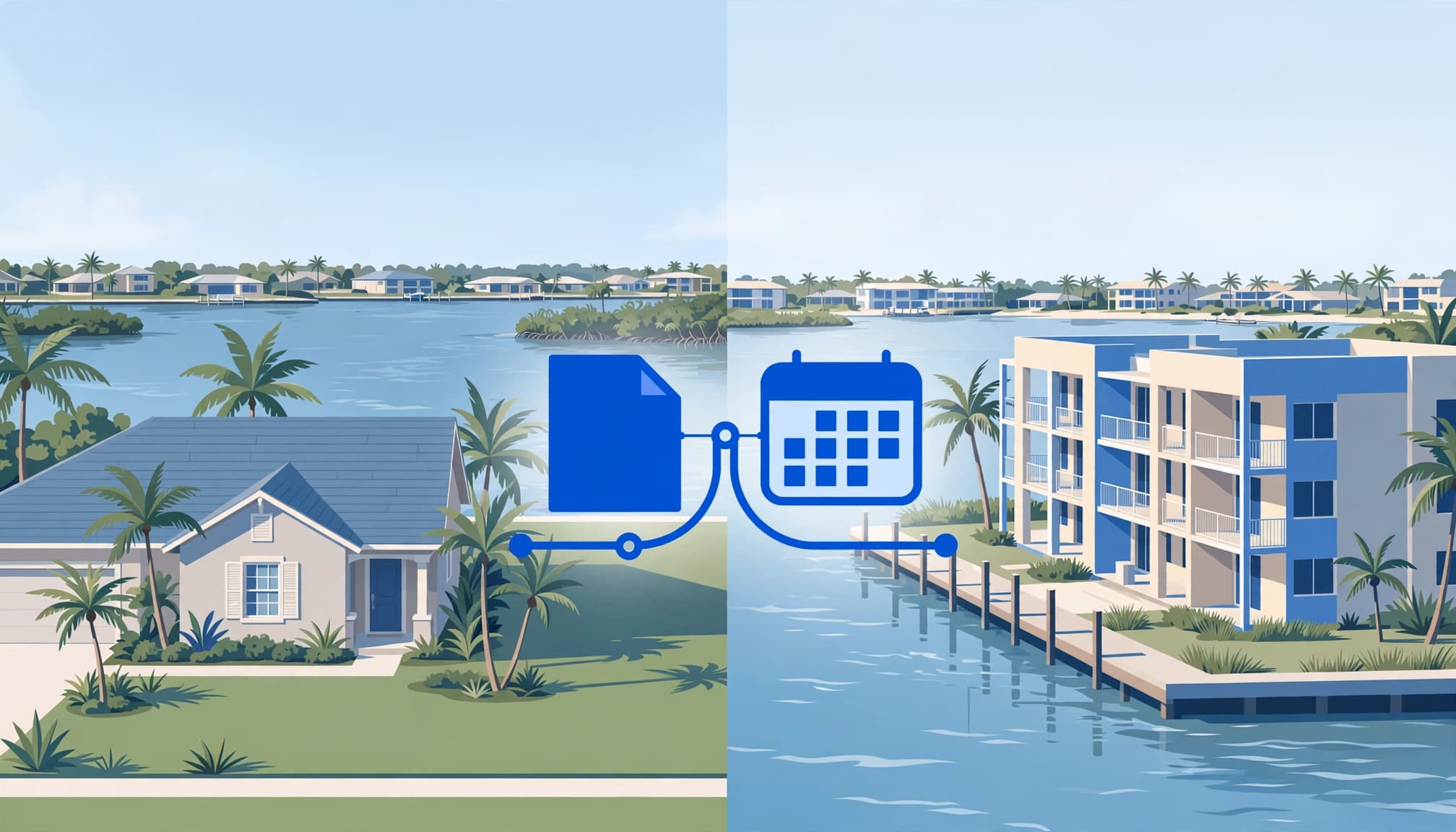 Cape Coral rental registration categories shown with a long-term home and short-term canal-side condo.